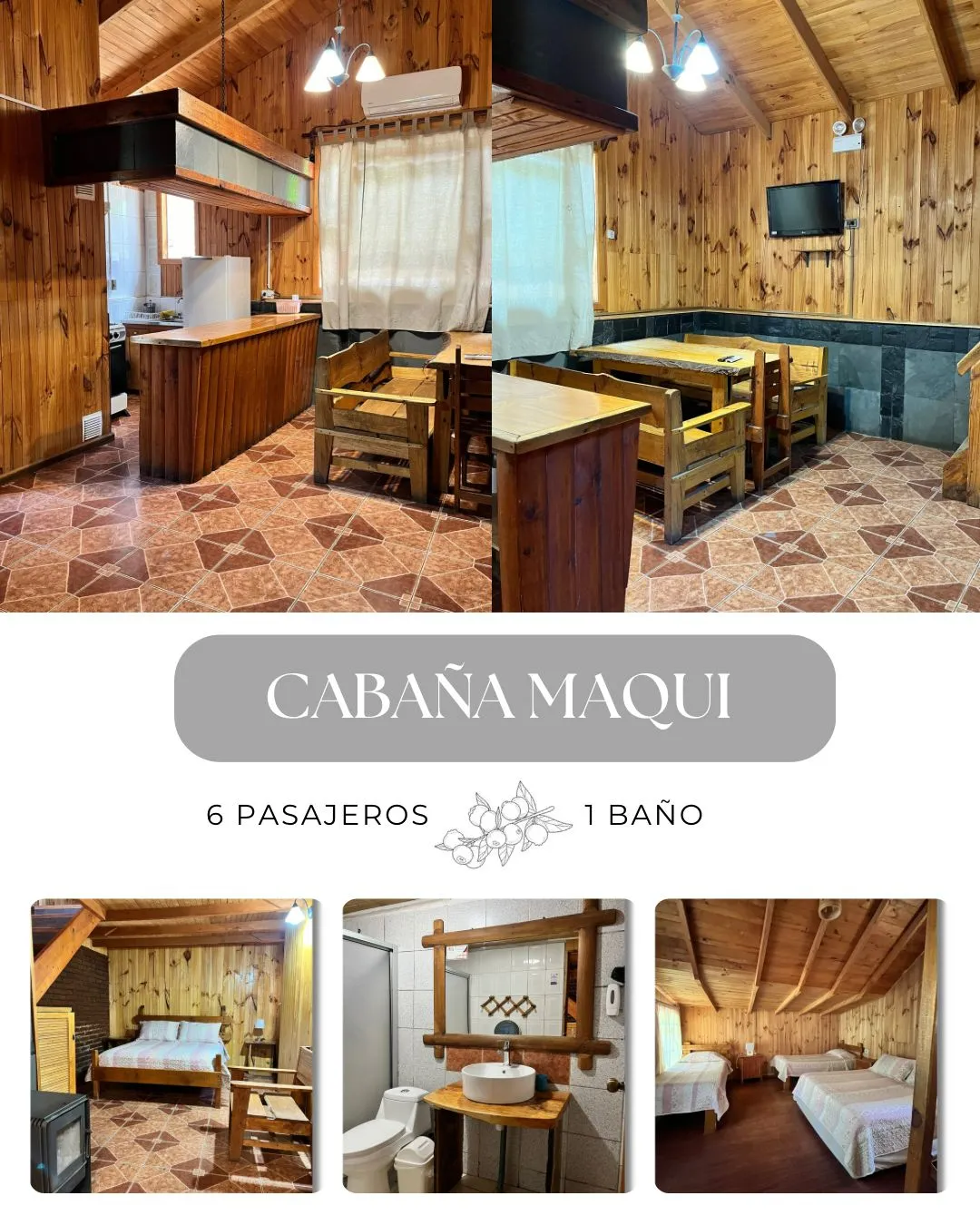 Interior Cabaña Maqui de Los Arcos con cocina equipada, comedor y sala de estar en madera