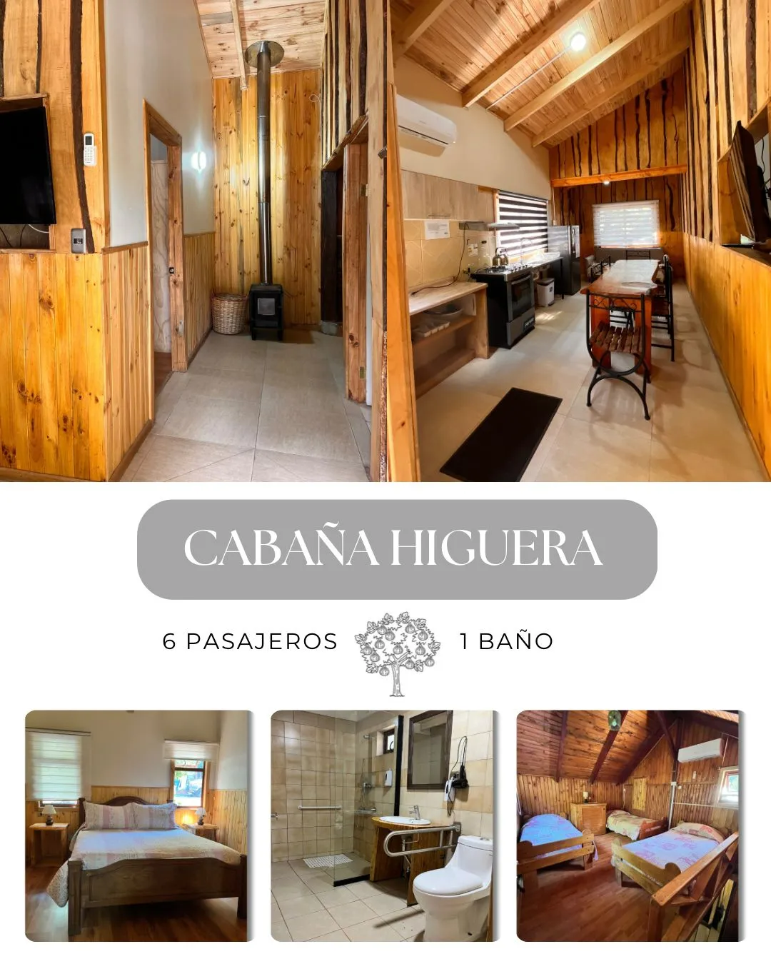 Cabaña Higuera de Los Arcos con interior en madera, cocina equipada y estufa a leña